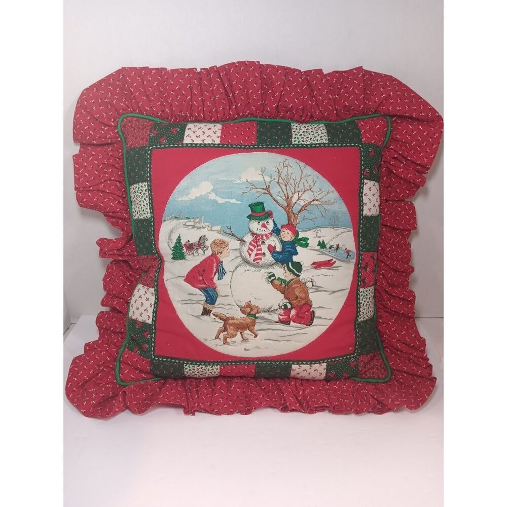 Vintage Handmade Ruffle Christmas Pillow Kitschy Quilted Square Snowman